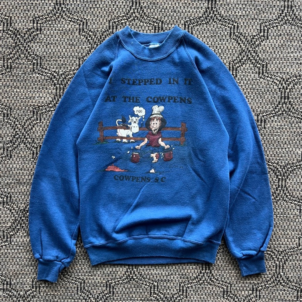 Vintage Jerzees Sweatshirt Mens Small Blue 80s Cowpens SC Graphic Humor‎ Raglan